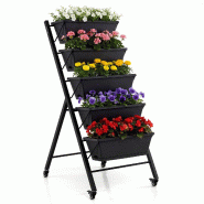 COSTWAY potager vertical surélevé 5 étages avec roulettes et bacs de culture, escalier à fleurs métallique, 57x68x117cm - noir plastique ZB35583