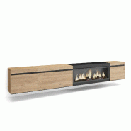 SKRAUT HOME Meuble TV, Banc Télé, 288x45x35 cm, TV grand format, Cheminée électrique XXL, Suspendu, Mural, Chêne et noir - beige Bois manufactur�