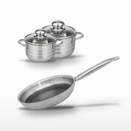 Batterie de cuisine avec 1 poêle 24 cm en acier et 2 faitouts 14/16 cm en inox sans PFAS Elo Collection Relief Solution Brillant - gris 3176239940985