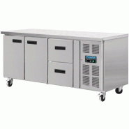 Table réfrigérée 2 portes et 2 tiroirs sur roues - Acier inoxydable - Capacité 417L - Température -2°C à +8°C Table réfrigérée 2 portes et 2 tiroirs sur roues - Acier inoxydable - Capacité 417L - Température -2°C à +8°C