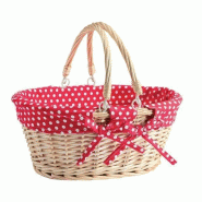 Panier naturel ovale à anses mobiles - Tissu rouge à pois blanc 35x29x30cm - Osier et tissu