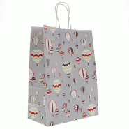 Sac "Montgolfières" gris/rouge poignées torsadées 24+12x32cm - par 50