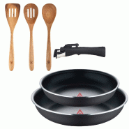 BERGNER - Ensemble de 2 poêles Ø22/26 cm en aluminium embouti noir avec poignée amovible et ensemble de 3 ustensiles de cuisine en acacia - PK9610