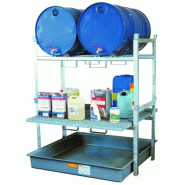 Rayonnage 800 pour 2 fûts de 220 litres et caillebotis pour petits récipients - Pour huiles, lubrifiants - CEMO - 7673F Rayonnage 800 pour 2 fûts de 220 litres et caillebotis pour petits récipients - Pour huiles, lubrifiants - CEMO - 7673F