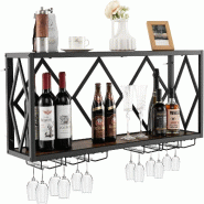 COSTWAY Cave à vin murale, porte-bouteilles bois métal 2 niveaux, 6 supports verres, style industriel cuisine, bar - marron métal VH35213 COSTWAY Cave à vin murale, porte-bouteilles bois métal 2 niveaux, 6 supports verres, style industriel cuisine, bar - marron métal VH35213