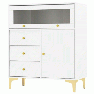Helloshop26 - Commode rangement 80 x 40 x 95,5 cm avec 3 tiroirs et 2 armoires porte en verre strié design moderne en bois blanc 20_0011568 - 3000226