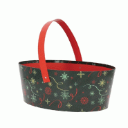 Panier carton ovale "Noël vert" anse rabattable rouge 36x23x13cm - par 12