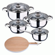 BERGNER - Batterie de Cuisine 7 Pièces Fabriquée en Acier Inoxydable Compatible Induction avec Planche à Découper Ronde 38x28x1,5cm en Bois - mult
