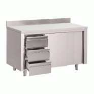 Gastro m - table armoire inox avec dosseret 3 tiroirs à gauche et portes coulissantes Gastro m - table armoire inox avec dosseret 3 tiroirs à gauche et portes coulissantes