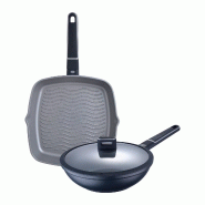 Masterpro - Jeu de poêle grill 28x28x5,5 cm et wok Ø28x8 cm en aluminium moulé avec couvercle, compatibles induction INDIGO - PK9027