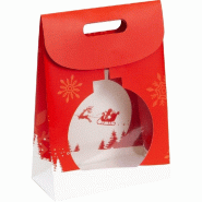 Sac luxe rouge décor boule blanche et traineau avec fenêtre 19+9X27cm - par 12