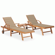 VidaXL Chaises Longues Lot De 2 Avec Table Et Coussin Bois Teck Solide - beige 3073174