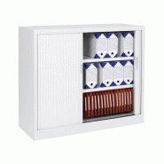 Armoire basse à rideaux - Corps blanc - 3 étagères solides - Marque Rolléco Armoire basse à rideaux - Corps blanc - 3 étagères solides - Marque Rolléco