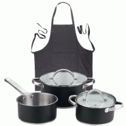 BERGNER - Batterie de cuisine 5 pièces 16/18/20 cm en acier inoxydable compatible induction avec tablier de cuisine gris foncé 100 % coton 75 × 80