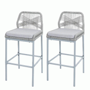 Décoshop26 - Lot de 2 tabourets de bar style moderne intérieur et extérieur en métal gris et tressage corde coussins gris clair 04_0009635 - gris