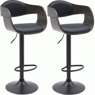 Décoshop26 - Set de 2 tabourets de bar chaises hautes pieds trompette en métal noir assise en bois gris et similicuir noir TDB10765 - gris métal 30
