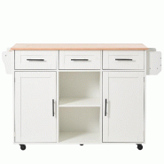 Merax Chariot de cuisine 139x46-71x91.5 cm, îlot mobile avec plan rabattable, 2 portes et 3 tiroirs, roulettes/pieds bois, blanc - blanc Bois manufac