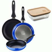 BERGNER - Set 3 Poêles Ø16/20/24cm aluminium Embouti Adaptées Induction Blue Navy Paradise avec Boîte Hermétique 650 ml Verre Borosilicate NATURA