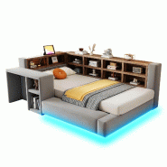 Merax Lit rembourré 90x200 cm, lit simple gris foncé avec LED, rangements, prise, table d’appoint et dossier rembourré - gris multi-matériau LDU