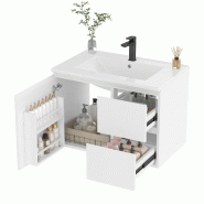 Merax vasque 76×46×50cm, meuble de salle de bain suspendu avec LED, finition complète, 2 tiroirs, vasque en céramique intégrée, blanc - blanc mu
