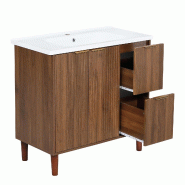 Merax Vasque  91 x 47 x 87 cm avec vasque en céramique, 2 tiroirs, double porte et façade rainurée, noyer - marron multi-matériau N888P50557778K