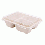 Plateau repas 3 comp bagasse blc + couv PET 950ml 22x18x5,5+1,3cm - par 100