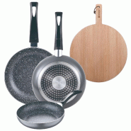 BERGNER - Ensemble 3 poêles Ø16/20/24cm aluminium embouti Adaptées induction Black Soul Marble avec planche à découper ronde 38x28x1,5cm bois de