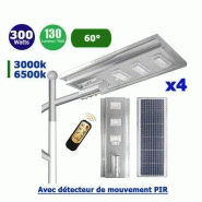 Pack de 4x solaires - luminaire led pour candélabre / lampe de rue et parking - série street - 300 watts - 39 000 lumens - 130 lumens/watt - angle 60° - ip66 - détecteur de mouvement pir - capteur de lumière - télécommande