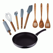 Poêle à frire Chef Sauce PIXEL - Ø24x4,5cm en aluminium pressé avec 3 ustensiles de cuisine en bois et 5 ustensiles en silicone - PK8798_0