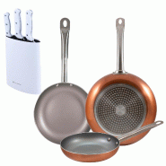 BERGNER - Set 3 poêles en aluminium pressé Ø18/22/26cm Adapté induction Optimum Plus avec jeu de 3 couteaux avec bloc à couteaux en acier inoxyda