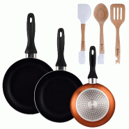 BERGNER - Set de 3 Poêles Ø16/20/24cm en Aluminium Pressé Bronze Métallisé avec Set 3 Ustensiles en Silicone et Bois - PK9861