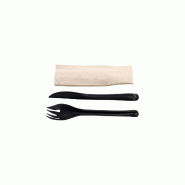 Betik EKO – 500 unités – Kit couvert réutilisable noir design 3 en 1 – couteau + fourchette + serviette kraft - noir plastique 1010730