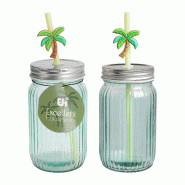 WellHome - Verre avec couvercle et paille, 450ml couleur verte transparente, 7,8x7,8xH13cm - transparent verre WH16577
