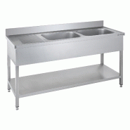 GastroHero Table de lavage Basic 16x6 avec 2 cuves à droite, dosseret et étagère inférieure - inox SPT-BASIC16X6R2
