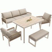 Merax Salon de Jardin modulable pour 7 Personnes, canapé Trois Places, 2 canapés Simples, Tabouret et Table (Verre en Bois), Beige - beige métal HW