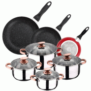 San Ignacio - Batterie de cuisine Nona : 4 Marmites avec Couvercles et Jeu de 3 Poêles Navy Red Ø16/20/24 cm en Acier Inoxydable/Aluminium Embouti -