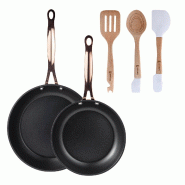 BERGNER - Jeu de 2 poêles Ø20/24 cm en aluminium forgé Noir mat avec jeu de 3 ustensiles de cuisine en silicone et bois - PK9533