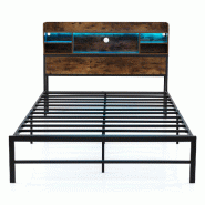COSTWAY Cadre de lit 140x200cm, lit double LED, station de charge, rangements, tête de lit bois et sommier métallique, marron rustique - marron mét_0