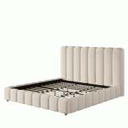 Merax Lit rembourré 200 x 200 cm avec sommier à lattes, tête de lit rembourrée, aspect rainure verticale et pieds en bois massif, velours beige -