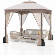 COSTWAY Pavillon 3x3m kaki avec moustiquaire, 4 sacs à sable et double toit, étanche, stable et résistant à l’hiver, pavillon de jardin et de f�