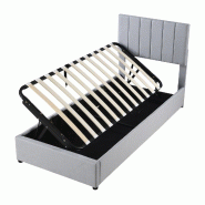 Merax Lit rembourré 90x200 cm, lit coffre hydraulique, tête de lit réglable, revêtement en lin, Gris - gris multi-matériau LDU00061AAE
