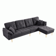 Merax Canapé 4 places en velours côtelé 250 cm, tabouret flexible, canapé d'angle combinable en forme de L à gauche ou à droite, gris foncé - g_0