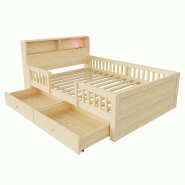 Merax Lit en bois 90x190 cm, lit simple coloris bois avec 2 tiroirs, lampe LED, USB, Type-C, rangement de tête et sommier - multi-matériau LDF00633AAN