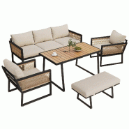 Merax salon de jardin 6 personnes, ensemble lounge avec corde tressée, acier galvanisé, coussins inclus, beige - beige métal N634P0018B
