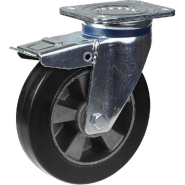 Roulette pivotante/frein de 200 mm en caoutchouc élastique noir sur roue centrale en aluminium Roulette pivotante/frein de 200 mm en caoutchouc élastique noir sur roue centrale en aluminium