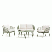 RATTATAN Salon de jardin en résine et acier avec coussins crème 10 cm, élégant ensemble d’extérieur vert sauge pour terrasse, véranda ou jardi