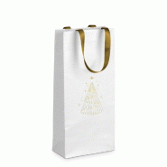 Sac 2 bouteilles texturé blanc Sapin or poignées ruban or 19x9x39cm - par 10
