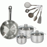 Lot Poêle 28cm Fackelmann Eterna & 3 Faitouts 16/20/24 cm avec 5 ustensiles - gris Acier inoxydable 18/10 3176239921762