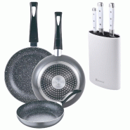 BERGNER - Set 3 Poêles Ø16/Ø20/Ø24cm en Aluminium Pressé Compatible Induction Black Soul Marble avec Set de 3 Couteaux en Acier Inoxydable avec B