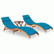 Helloshop26 - Lot de 2 transats chaise longue bain de soleil lit de jardin terrasse meuble d'extérieur avec table et coussins acacia 02_0012095 - Boi
